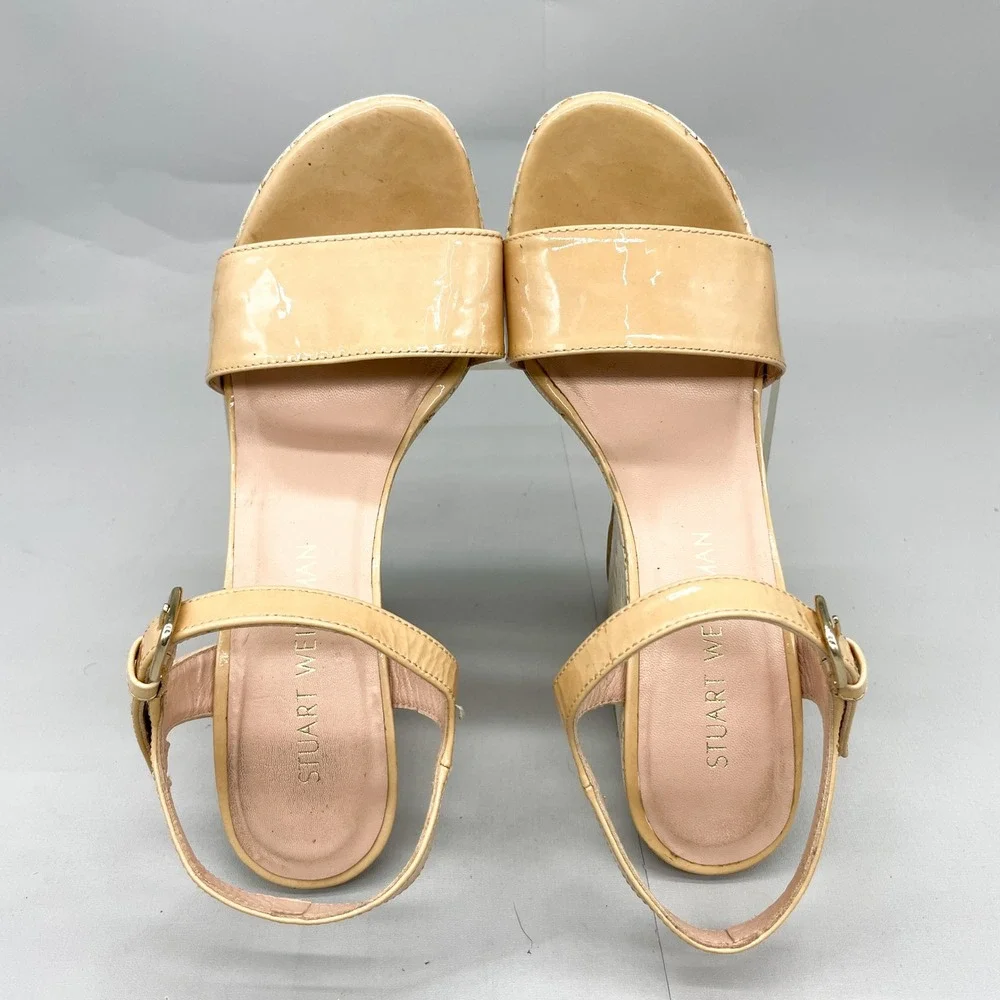 Stuart Weitzman Womens 8M Single Sky Cork Wedge Tan Patent Leather Heels Boho - Picture 9 of 12